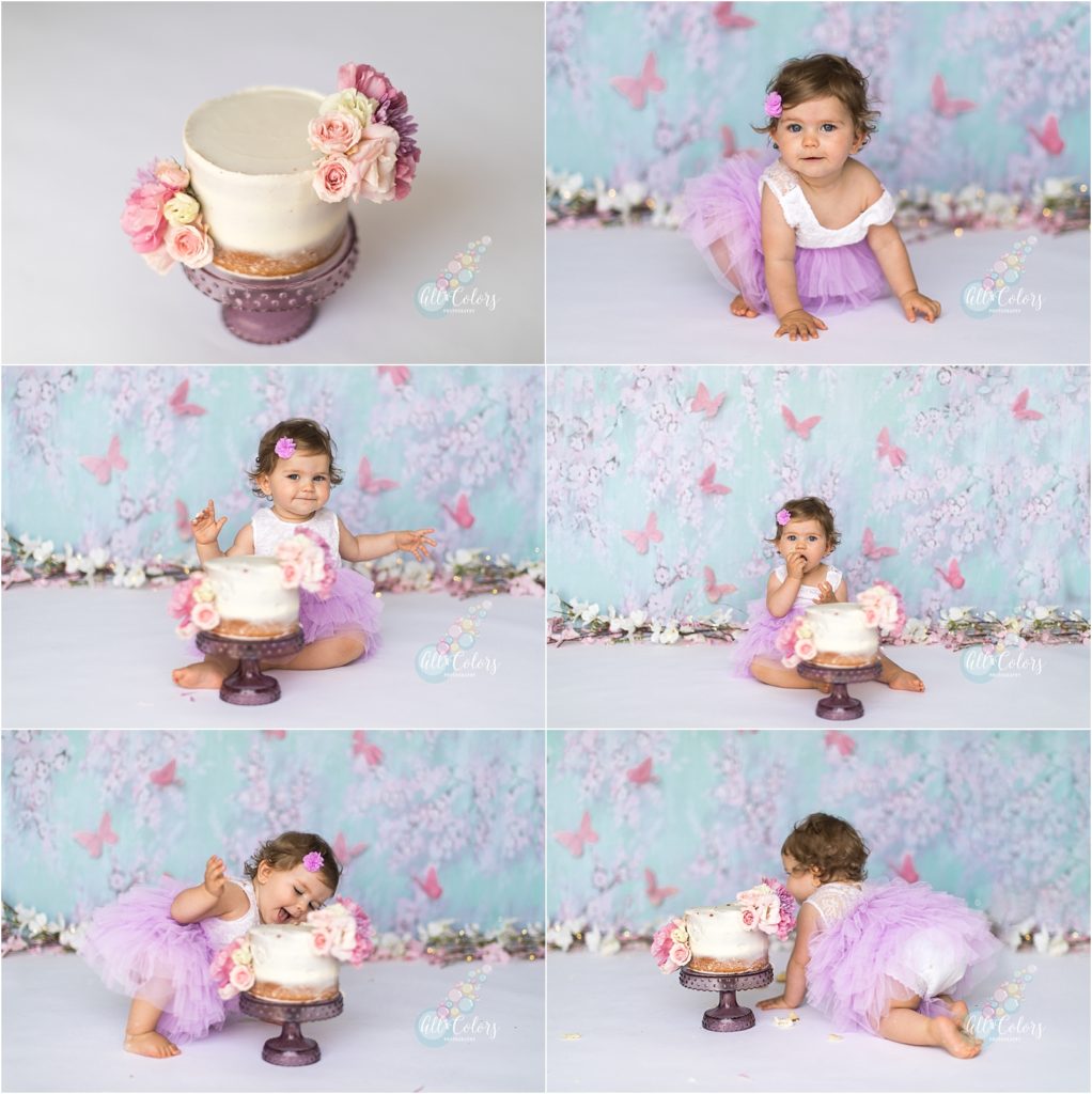 collage of six images of a baby eating cake