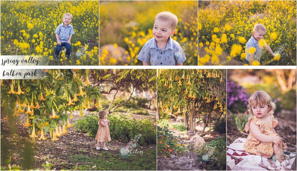 Two young children, a boy and girl, walking on a garden of yellow wildflowers.