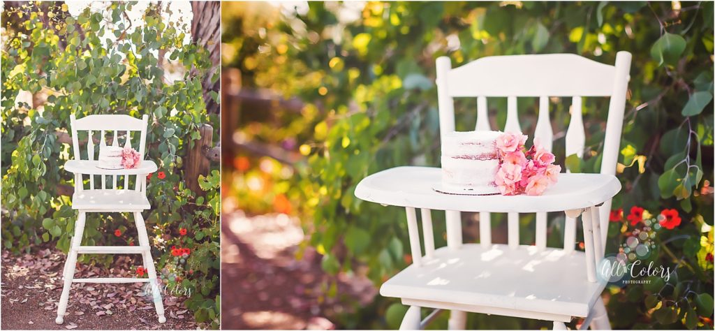 Wooden vintage chair with a cake with flowers on tray.