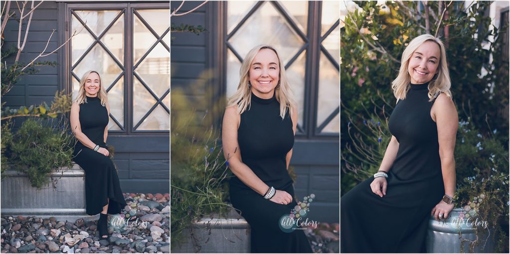 three photos of the same woman wearing a black dress in front of a black house with windows and plants around.