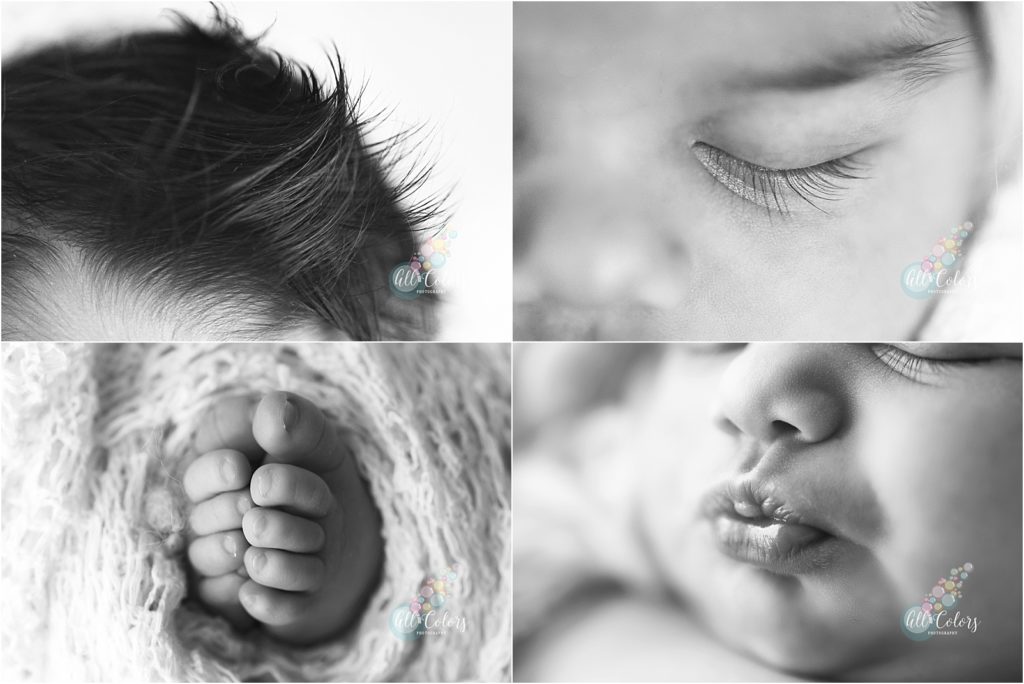 Black and white photos of baby's hair, eyelashes, lips and toes.