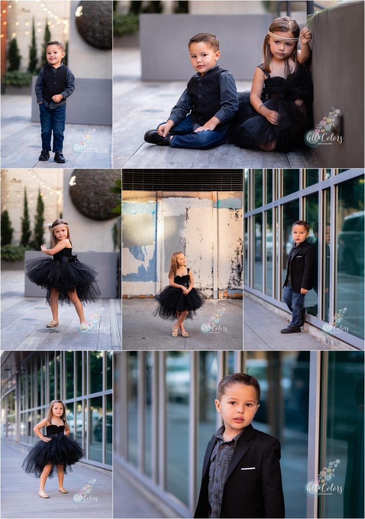 Mix of images of a little girl and a little boy dressed in black.