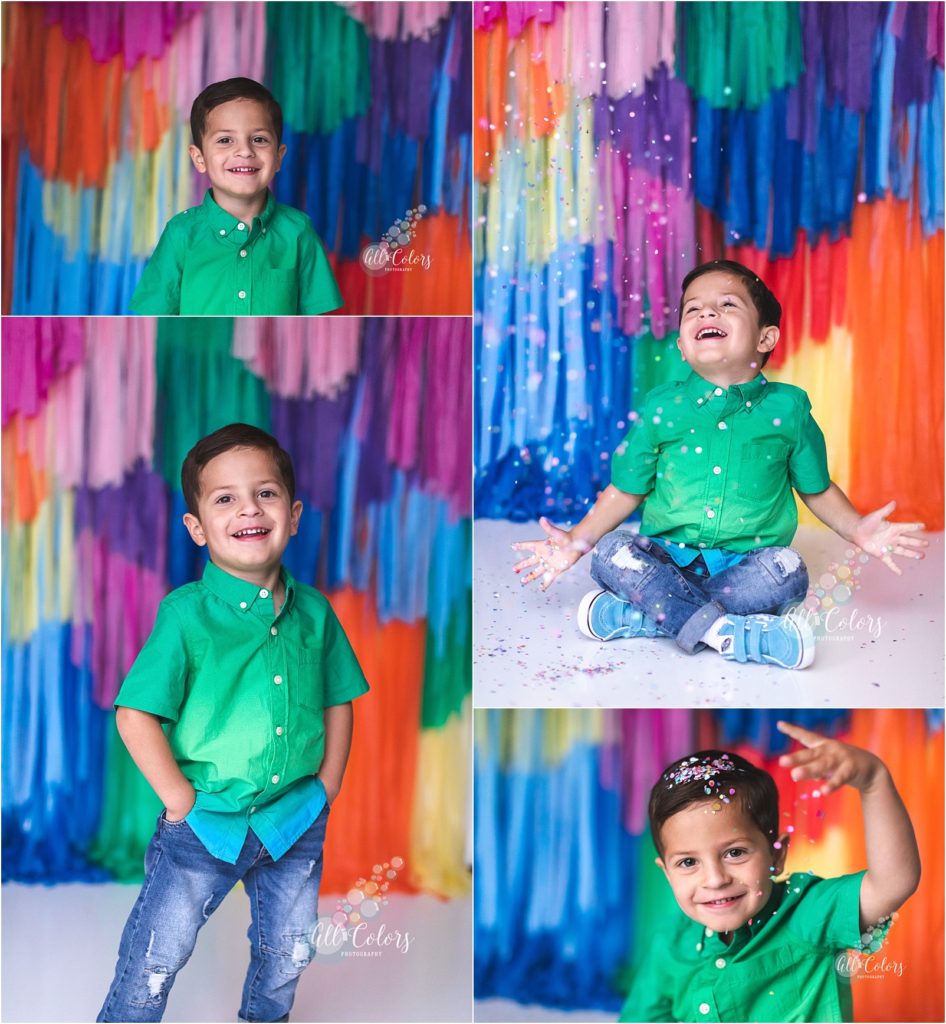 Multiple photos of a young boy wearing jeans and a green shirt in front of a colorful backdrop.