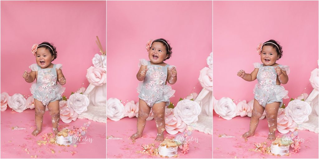 three photos of baby girl standing up during a cake smash session