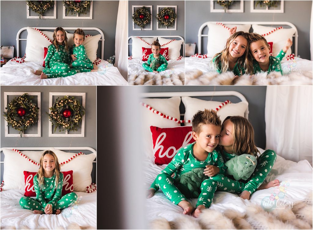 collage of kids playing in bed dressed in christmas pjs