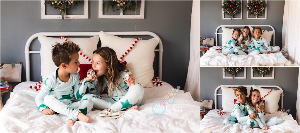 Kids eating cookies in bed for a photo shoot