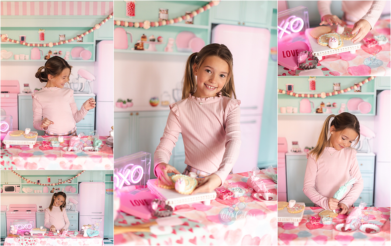 collage of photos of a girl decorating cookies for Valentine's Day.