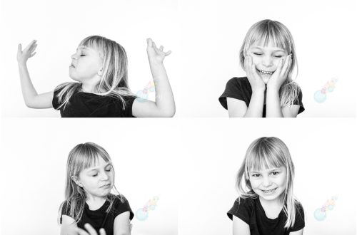 four black and white portraits of a blonde girl