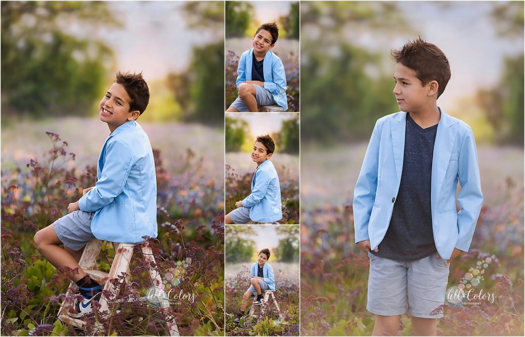 10 year old boy wearing a light blue jacket on a field of purple flowers.