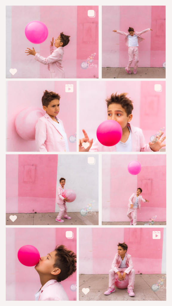 collage of boy wearing pink from head to toe and chewing pink bubble gum