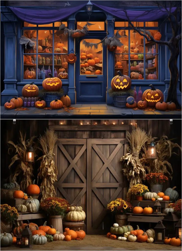 photos of two backdrops used for photography, one Halloween themed and the other Fall.