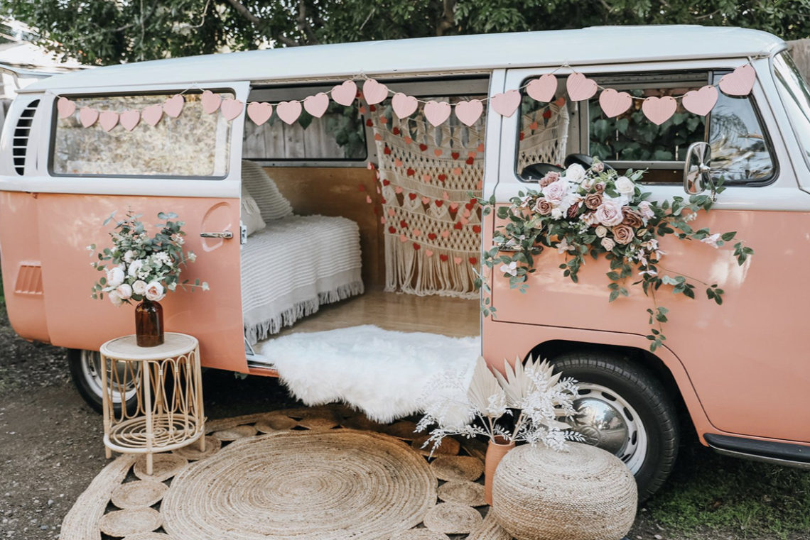 blush pink Volkswagen bus used for Valentines Day Mini Sessions