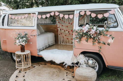 blush pink Volkswagen bus used for Valentines Day Mini Sessions