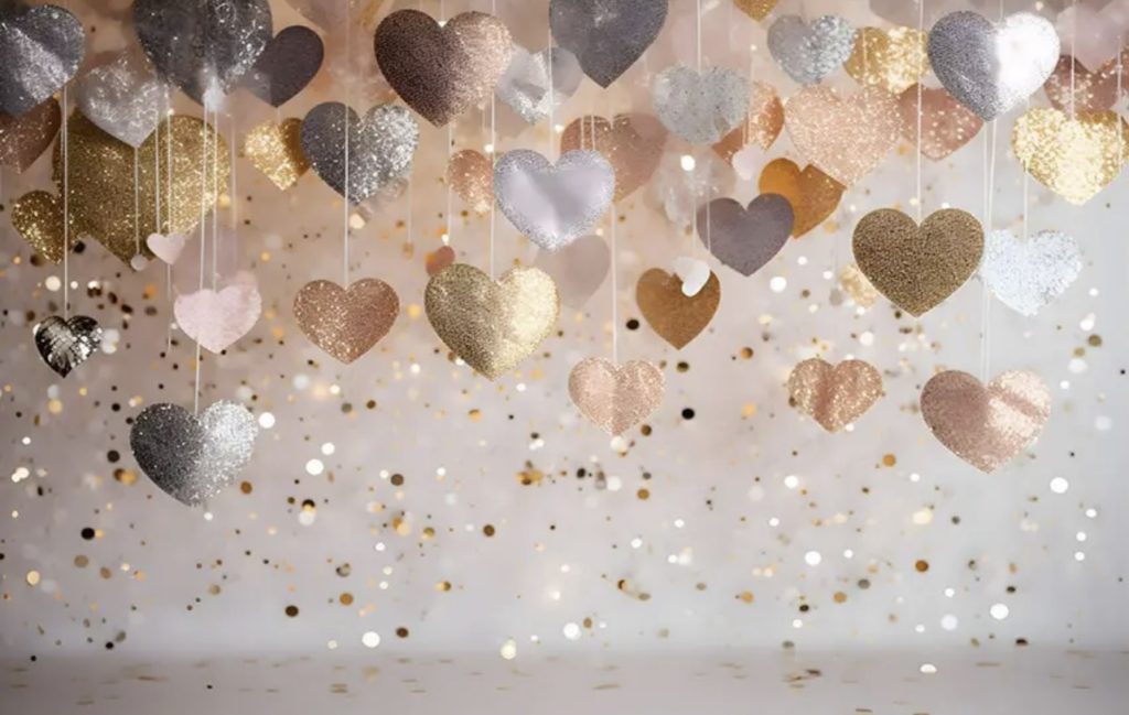 lots of gold, rose gold, pink and silver hearts hanging from the ceiling