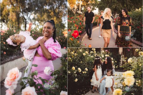 Collage of three photos of families at the Rose Garden at Balboa Park