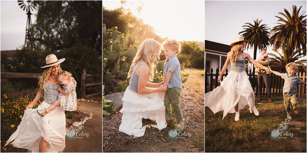 Family playing candidly on a farm house backyard