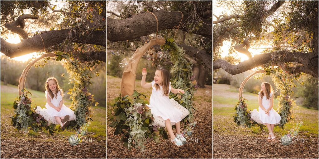 collage of 3 photos of two young girls sitting on a flower swing that is hanging from a long branch.