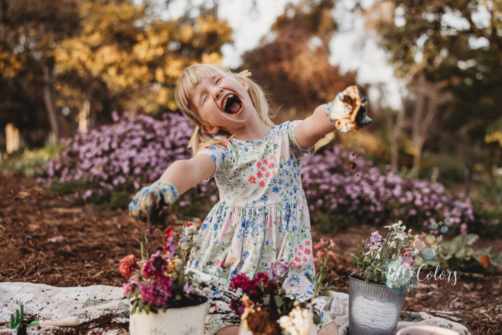 Overly excited girl gardening.