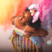 Black girl with a big bow on her head in front of a rainbow pastel backdrop