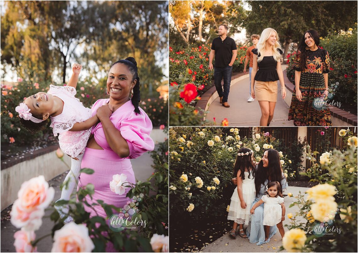 Collage of three photos of families at the Rose Garden at Balboa Park